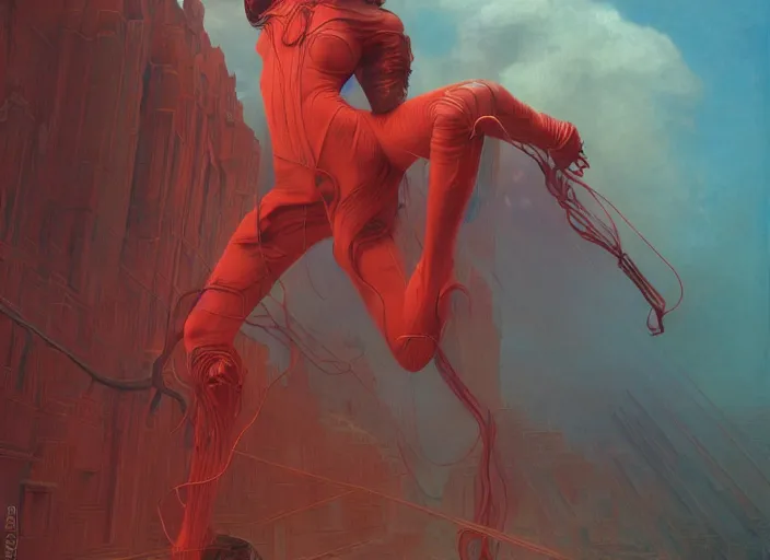 Image similar to Portrait Masterpiece, Wanda Maximoff, dynamic pose, furious, red and cyan, glowing, wires everywhere, by Edgar Maxence and Ross Tran, Zdzisław Beksiński, and Michael Whelan, distant, gustav dore, H.R. Giger, 8k, octane render