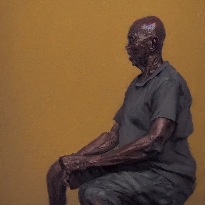 Image similar to a painting of a elder man by Lynette Yiadom-Boakye . details, smooth, sharp focus, illustration, realistic, cinematic, artstation, award winning, rgb , unreal engine, octane render, cinematic light, macro, depth of field, blur, red light and clouds from the back, highly detailed epic cinematic concept art CG render made in Maya, Blender and Photoshop, octane render, excellent composition, dynamic dramatic cinematic lighting, aesthetic, very inspirational, arthouse.