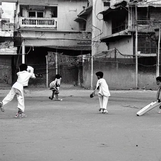 Image similar to kids in hyderabad, playing cricket on the street, early morning, photo from 1 9 9 0 s