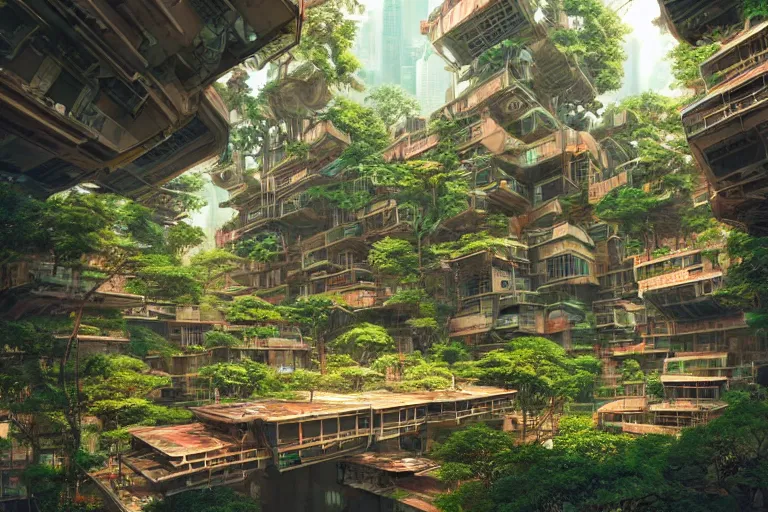 Image similar to solarpunk kowloon walled forest city built by frank lloyd wright, still from studio ghibli anime movie, cyberpunk tree house, digital art, artgerm, trending on artstation