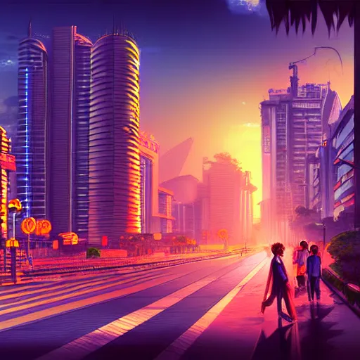 Image similar to mumbai in the future, city streets, golden hour, distopian fantasy, photorealistic artwork trending on pixiv