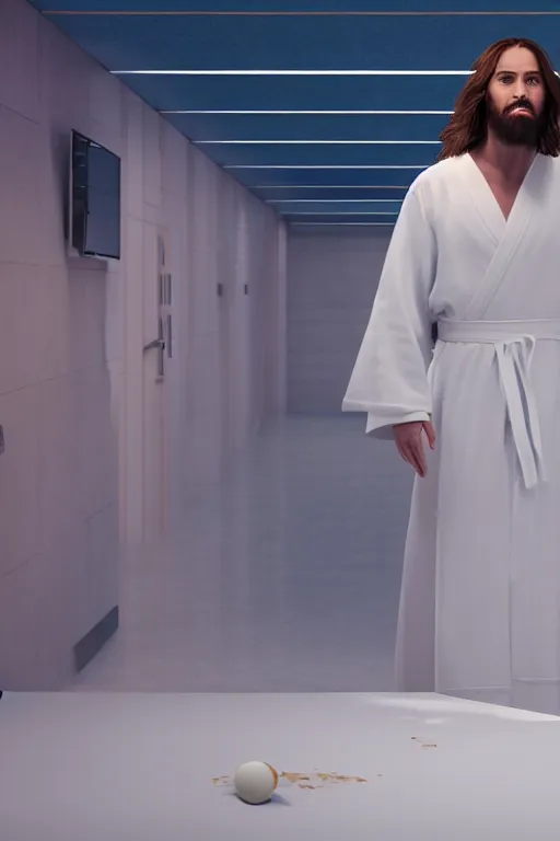 Image similar to jesus christ wearing a white robe strikes a dance pose in a hospital while playing epic game of ping pong, intricate, hyper detailed, accent lighting, dramatic light, 4 k octane render