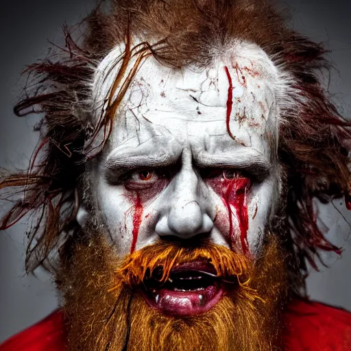 Image similar to film still photo portrait of a crazed homeless beaten up ronald mcdonald with heavy wrinkles and a beard, realistic, hyperrealistic, 8 k resolution, hd quality, very detailed, highly detailed, intricate details, real life, real world, trending on artstation, digital art, really realistic, very realistic, headshot, head in frame, photograph, portrait