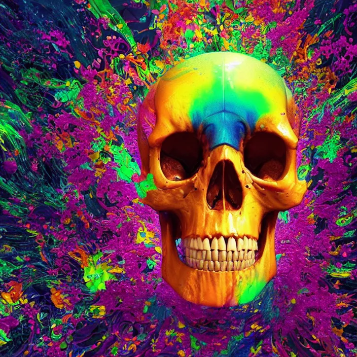 Image similar to illustration of a colorful melting human skull. flowers and blossoms, ferrofluids, burning water distortions. intricate abstract. intricate artwork. by Tooth Wu, wlop, beeple, dan mumford. octane render, trending on artstation, greg rutkowski very coherent symmetrical artwork. cinematic, hyper realism, high detail, octane render, 8k, depth of field, bokeh. iridescent accents