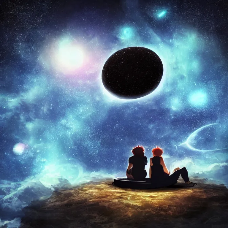 Prompt: black contrast dark style two people stuck on a very tiny floating island overlooking a centered perfectly circular supermassive black hole vast space infinite void vibrant nebula stars makoto shinkai ecretion disc picnic table