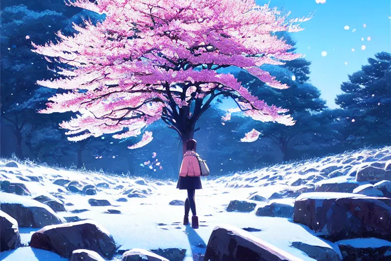 Image similar to snowy rocky field with a sakura tree : audrey plaza, fine details. anime. realistic shaded lighting poster by ilya kuvshinov katsuhiro otomo ghost - in - the - shell, magali villeneuve, artgerm, jeremy lipkin and michael garmash and rob rey