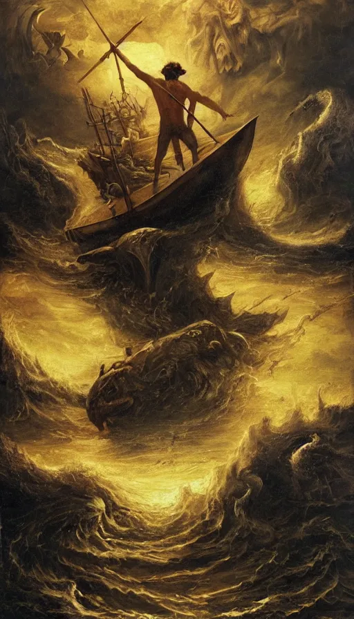 Image similar to man on boat crossing a body of water in hell with creatures in the water, sea of souls, by khara inc