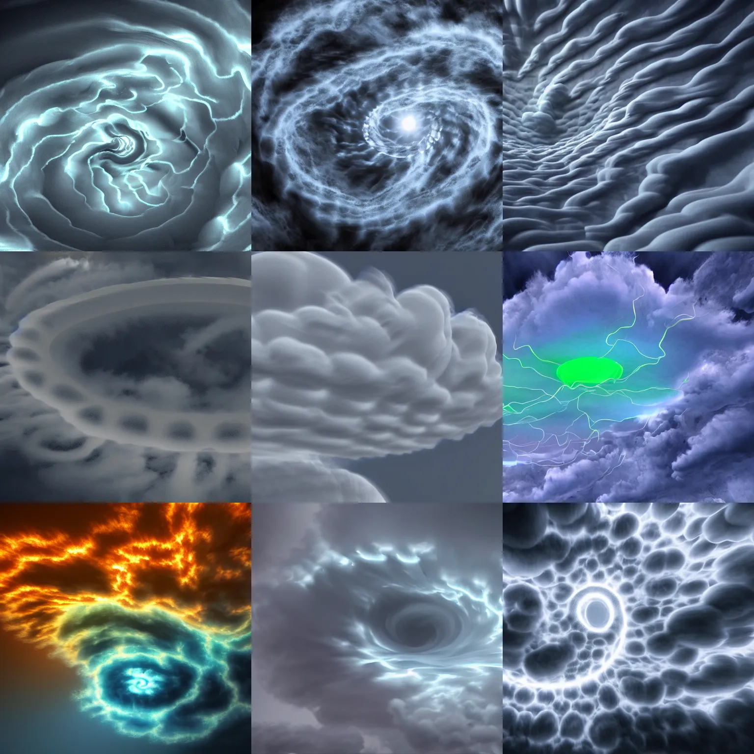 Prompt: cloud vortex, storm, symmetric, spiral, volumetric clouds, fog, lightning, vibrant realflow smoke rendered in houdini, photorealistic, intricate, soft lighting, glowing clouds, high quality 4 k trending on artstation, made by zak katara and tomer meltser