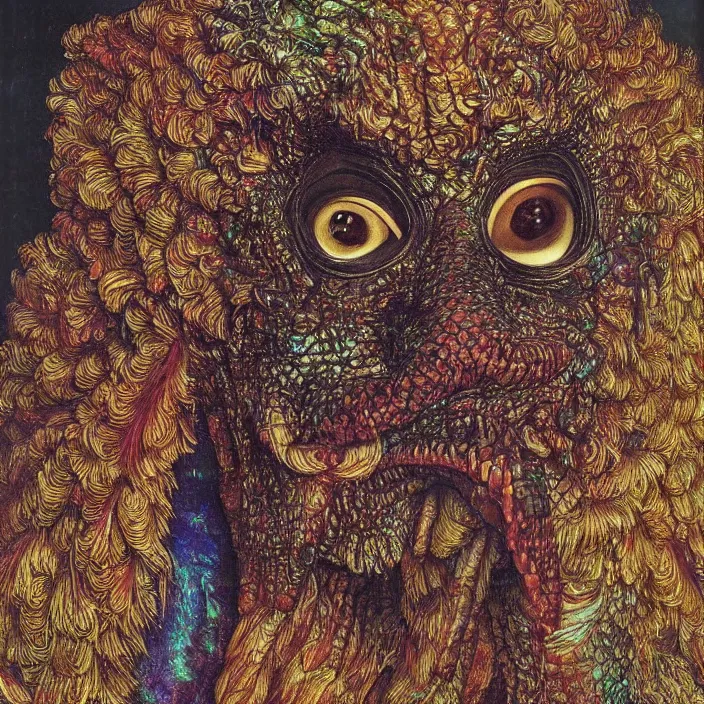 Prompt: close up portrait of an mutant monster creature with proud, reptilian allure, iridescent scales, dovish feathers, diaphanous fungic protuberances. jan van eyck