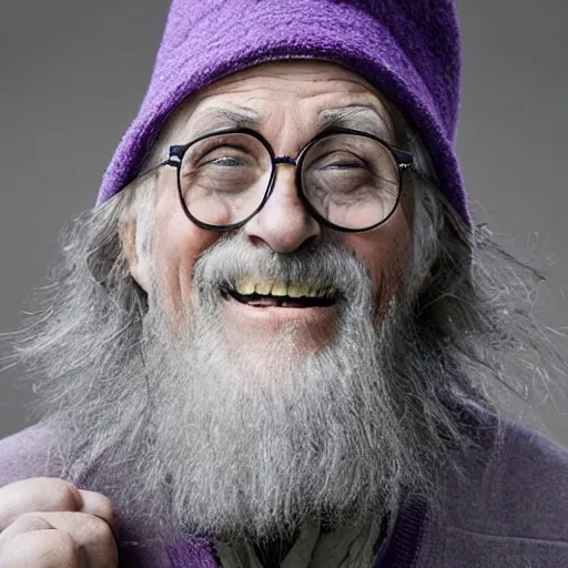 Image similar to an old bald mad wizard with bushy grey eyebrows, long grey hair and wearing a grey wizard hat, disheveled, wise old man, wearing a purple detailed coat, a bushy grey beard, sorcerer, he is yelling and laughing