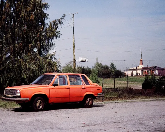 Image similar to a lomographic photo of old lada 2 1 0 7 standing in typical soviet yard in small town, hrushevka on background, cinestill, bokeh