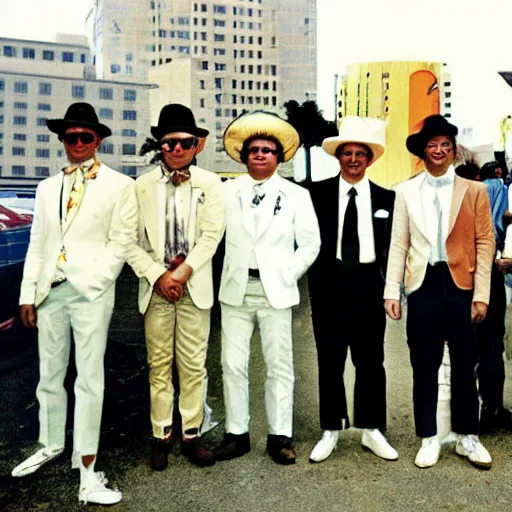 Prompt: a group of men in white suits and hats, a colorized photo by david diao, reddit contest winner, art brut, 1 9 7 0 s, 1 9 9 0 s, freakshow