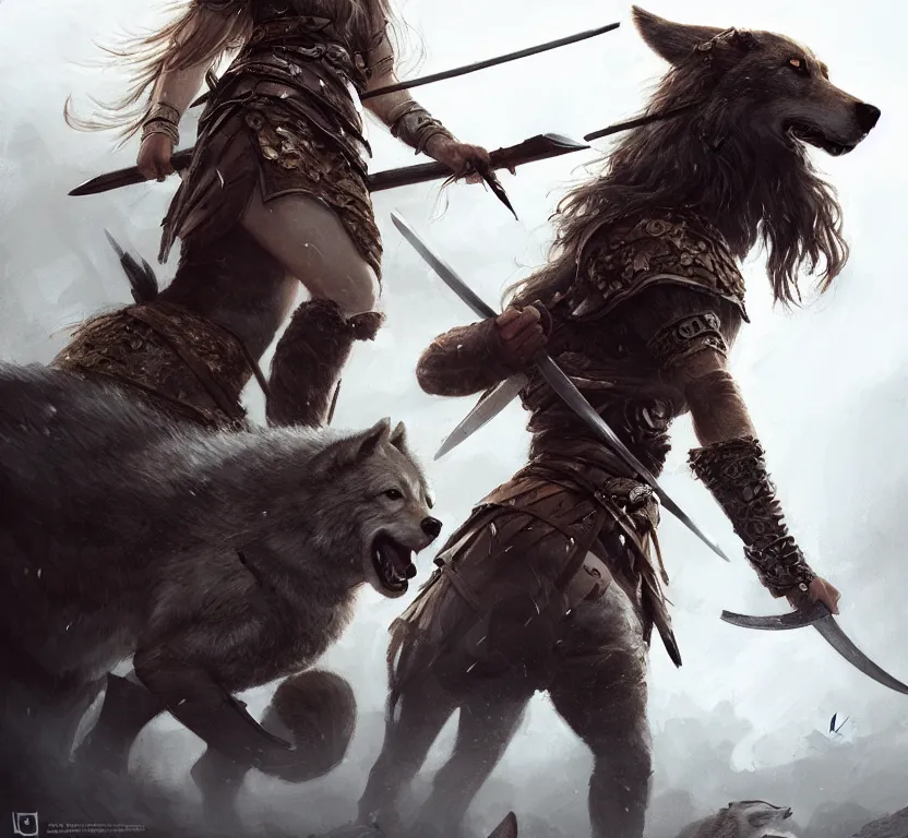 Prompt: a gorgeous!! woman resembling alicia vikander as a viking warrior accompanied by a dire wolf on the battlefield surrounded by the fallen | drawn by wlop, drawn by jeehyung lee, drawn by argerm | intricate, highly detailed, ultra graphics, digital painting, artstation
