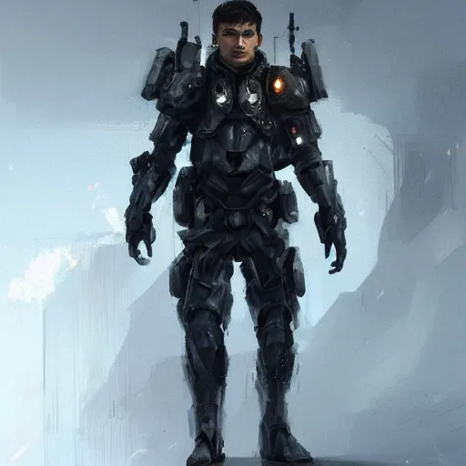 Image similar to Portrait of a man by Greg Rutkowski, he is about 20 years old, mixture turkish and russian, short dark blonde hair with bangs, attractive, angry but resigned look, he is wearing a futuristic tactical gear, highly detailed portrait, scifi, digital painting, artstation, concept art, smooth, sharp foccus ilustration, Artstation HQ.