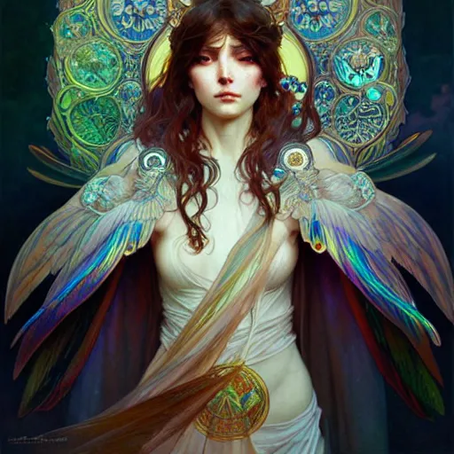 Image similar to iridescent seraphim covered with eyes and wings, photorealistic, fantasy, intricate, elegant, highly detailed, digital painting, artstation, concept art, smooth, sharp focus, illustration, art by Krenz Cushart and Artem Demura and alphonse mucha