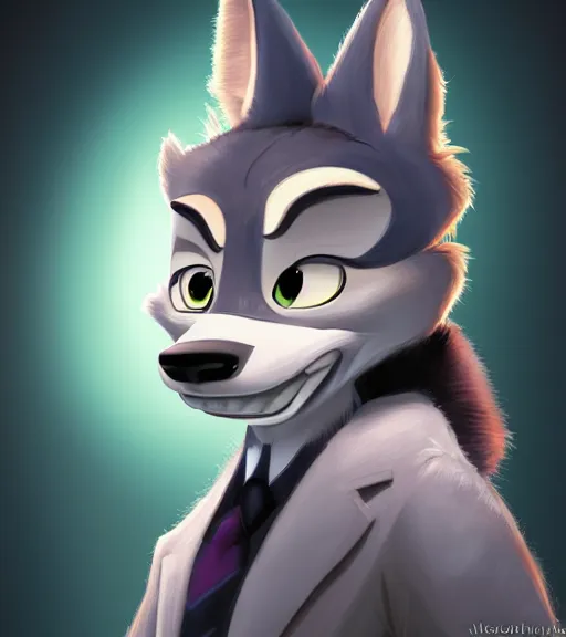 Image similar to oil painting of anthromorphic female wolf, in style of zootopia, zootopia, zootopia, fursona, furry, furaffinity, 4 k, deviantart, furry art, fursona art, wearing black business suit, business suit, in style of zootopia, wolf fursona, cyberpunk, female, expressive detailed feminine face,