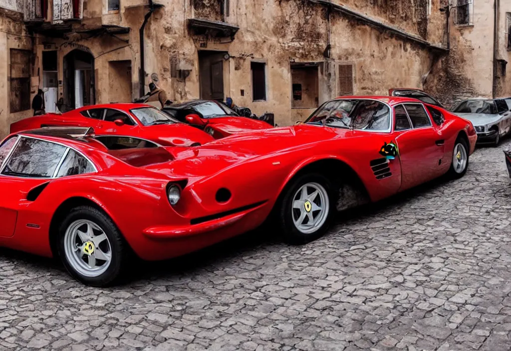 Prompt: ferrari in an old town