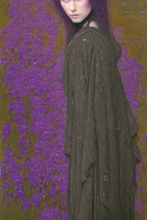 Prompt: portrait of beautiful gothic young mainem, thunderstorm, cyber armor, a lot of scars, more and more flowers, purple head, the middle ages, highly detailed, artstation, illustration, art by jean delville, 8 k quality, art by greg gandy and dragan bibin, gustav klimt