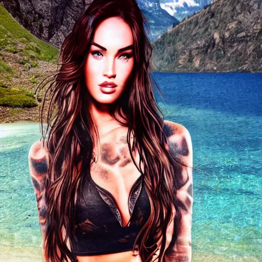 Image similar to realism tattoo sketch of double exposure megan fox with beautiful mountain scenery, in the style of andrey lukovnikov