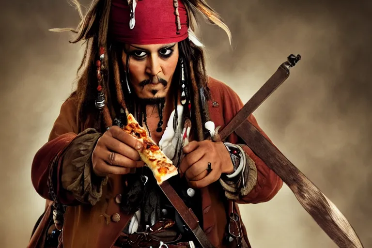 Image similar to Captain Jack Sparrow eating a delicious pizza, studio portrait, dramatic lighting, trending on artstation