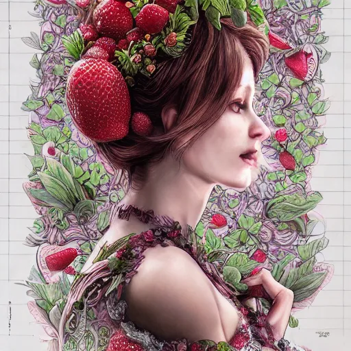 Image similar to the portrait of an absurdly beautiful, graceful, elegant, sensual woman made of strawberries and green petals, an ultrafine hyperdetailed illustration by kim jung gi, irakli nadar, intricate linework, bright colors, octopath traveler, final fantasy, unreal engine 5 highly rendered, global illumination, radiant light, detailed and intricate environment