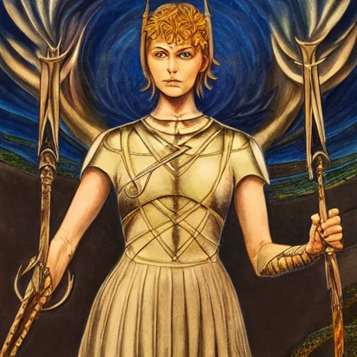 Image similar to most beautiful portrait jeanne d'arc in the style of william blake, terese nielsen, detailed, intricate, beautiful faces, steve argyle, loss of sanity, silk brethren, keen dusk sea pastoral fantastic reality