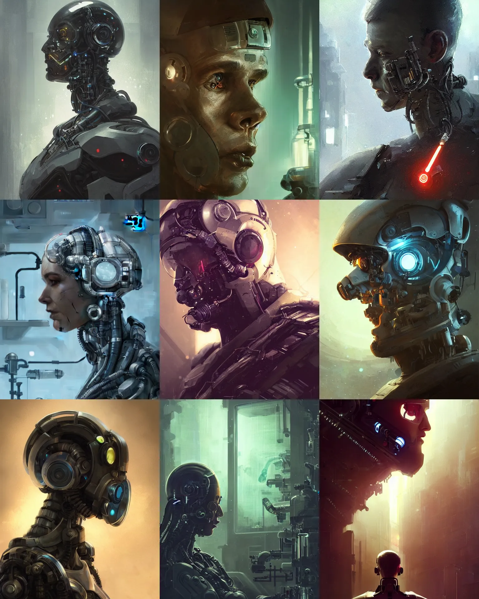 Prompt: a laboratory technician with cybernetic enhancements seen from a distance, scifi character portrait by greg rutkowski, craig mullins, 1 / 4 headshot, cinematic lighting, dystopian scifi gear, profile picture, mechanical, cyborg, half robot