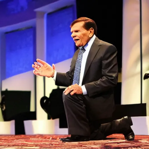 Prompt: kenneth copeland as muslim kneeling and praying