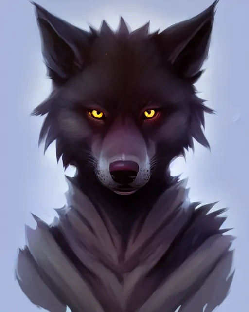 Image similar to character concept art of a black anthropomorphic male furry wolf long red hair | | cute - fine - face, pretty face, key visual, realistic shaded perfect face, fine details by stanley artgerm lau, wlop, rossdraws, james jean, andrei riabovitchev, marc simonetti, and sakimichan, trending on artstation