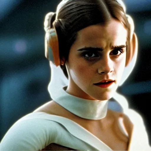 Image similar to film still of Emma Watson as Princess Leia in Star Wars 1977