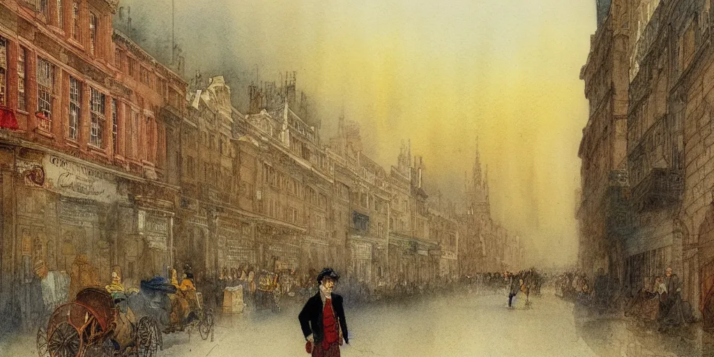 Prompt: a hiper intricate watercolor of london street, extremely detailed, sharp focus, wide view, detailed rought paper, digital illustration, colorfull, by william turner art, by greg rutowski, by carl larson, by edmund dulac