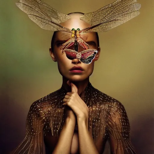 Image similar to brown woman wearing a shiny dragonfly armor. iridiscent. super detailed. layered. textured. award winning. dispersion of light. refracted lighting. soft. fragile. by ray caesar. by louise dahl - wolfe. by andrea kowch. surreal photoraphy