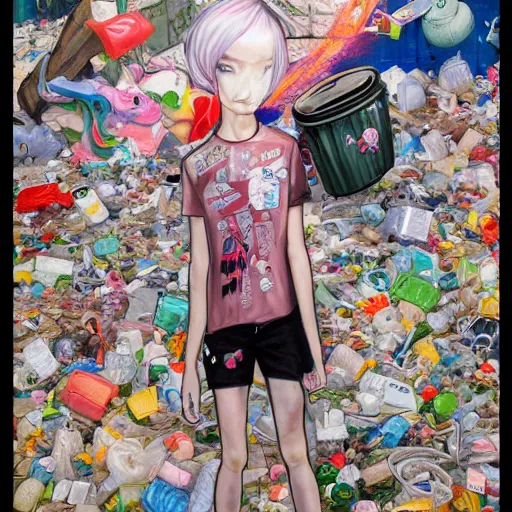 Prompt: full view, from a distance, of anthropomorphic trashcan full of trash, style of yoshii chie and hikari shimoda and martine johanna, highly detailed