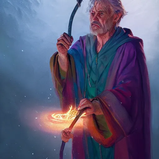 Prompt: Old man with exquisite colored robes, Holding a staff with a crystal at the top, casting a spell, fantasy, D&D, 4k, ultra detailed, by Greg_Rutkowski and Viktor Antonov