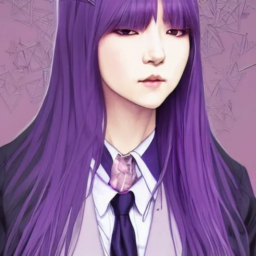 Prompt: kyoko kirigiri!!!!!!!, a japanese girl with pale!! lavender hair and a purple suit jacket, portrait by artgerm, greg rutkowski and alphonse mucha, absolutely gorgeous, detective