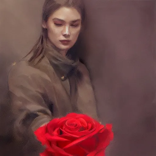 Image similar to hyperrealistic hand holding a red rose by ruan jia and greg rutkowski