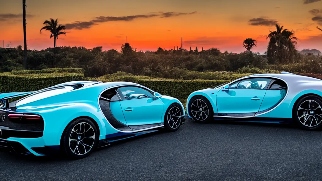 Prompt: synthwave bugatti chiron at sunset