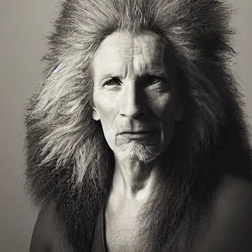 Image similar to portrait of lion - human hybrid, by annie leibovitz, portrait of a man, studio lighting, award - winning