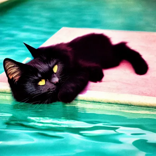 Prompt: 35mm color vintage photo of a black cat laying by a pool, pastel faded effect