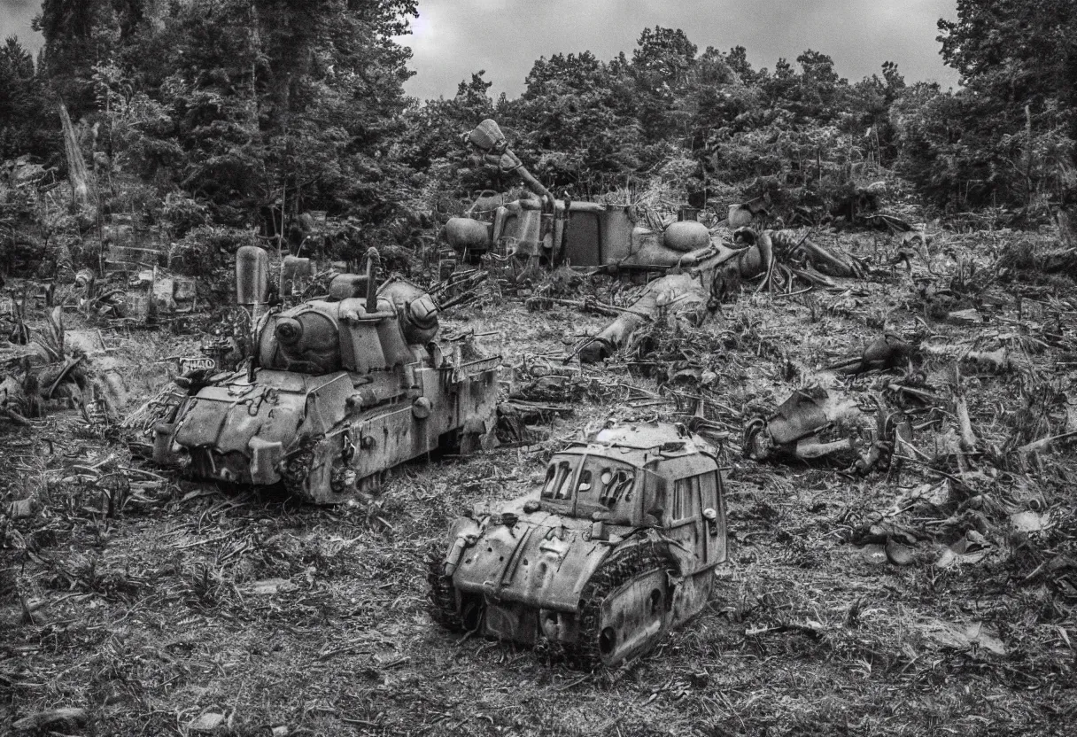 Prompt: my neighbor totoro looks like a simple tank, post apocalyptic style. fox holes. colorized, shot on film, wide angle, stormy sky, trees