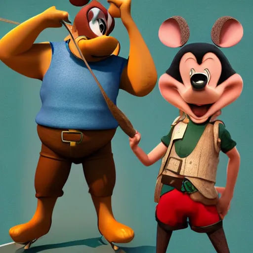 Image similar to 3 d render, portrait, upper body shot, mid shot, anthropomorphic mouse, female, wearing denim short shorts and a off yellow tank top shirt, in the style of disney's robin hood