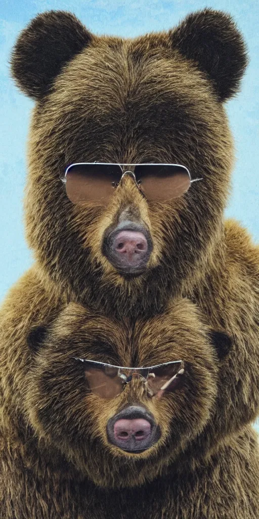 Image similar to a detailed portrait of a hairy humanoid creature with a bear like face wearing aviators