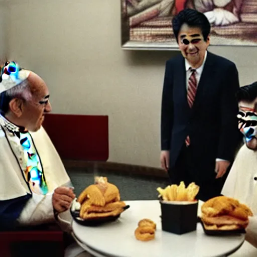 Image similar to the pope eating mc donalds with prime minister shinzo abe, photo by slim aarons, award winning