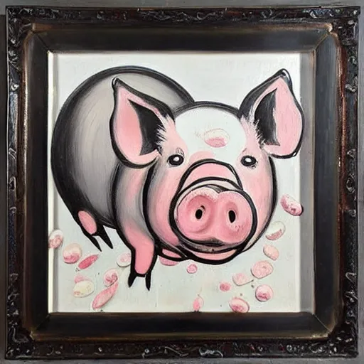 Image similar to “pig paintings and pig sculptures in a pig art gallery, pork, ikebana white flowers, white wax, pink wax, squashed berries, acrylic and spray paint and oilstick on canvas, by munch and Dali”