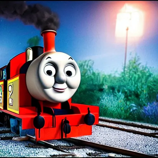 Image similar to a psychologically scary thomas the train, photo shot during bright night, realism, horror, extremely detailed