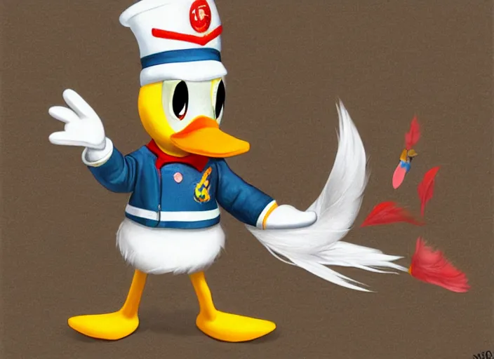 Image similar to detailed concept art of a cute iconic anthropomorphic duck character wearing a sailor suit by wlop on bcy. net, realistic. feathers, art by cheng yi. donald duck