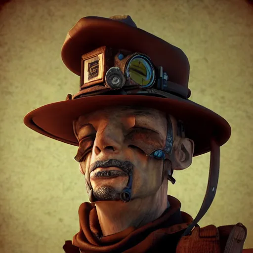 Prompt: a steampunk man, aged 4 0, wearing a steampunk hat made of junk, photo realistic, octane render, trending on artstation