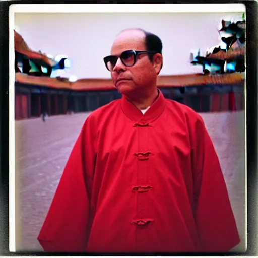 Image similar to polaroid of george costanza wearing chinese communist clothing in the forbidden city, colored, taschen, by nan goldin