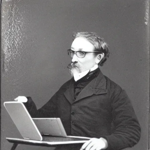 Prompt: old polaroid depicting a scientist from the 1 9 th century working at a modern day laptop