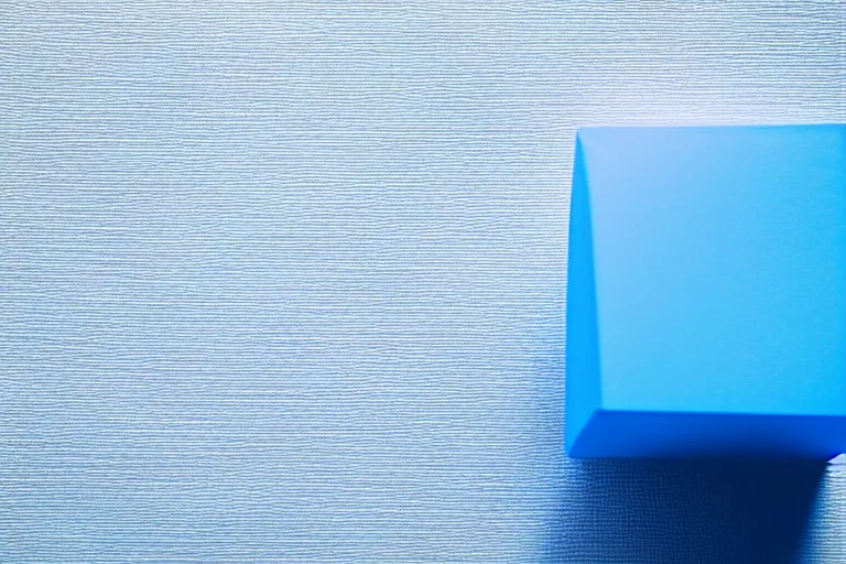 Prompt: single blue cube on white studio floor, soft light, 3 5 mm